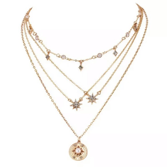 SALE! GOLD STAR + PEARL BOHO MULTILAYERED NECKLACE - Picture 2 of 5